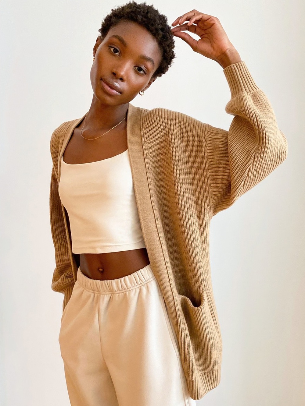 Wilfred Camel Ribbed Open-Front Cardigan Sweater